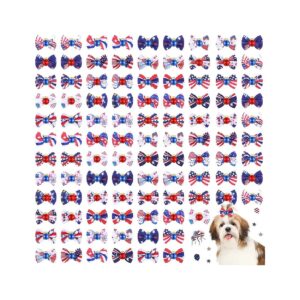 100 Pack Independence Day Dog Grooming Bows with Elastic Rubber Bands for Small Dogs