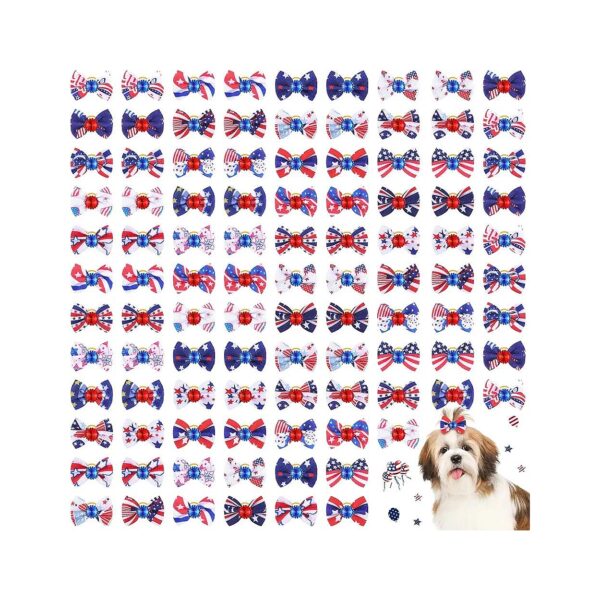 100 Pack Independence Day Dog Grooming Bows with Elastic Rubber Bands for Small Dogs