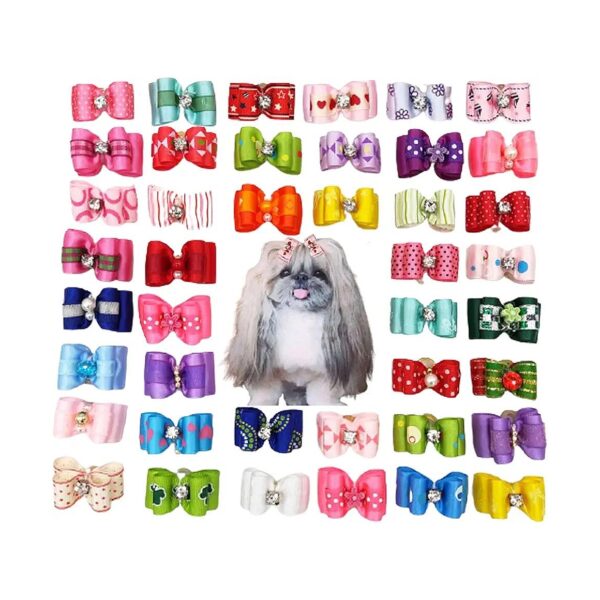 10-Pack Small Dog Hair Bows with Fake Diamonds and Rubber Bands