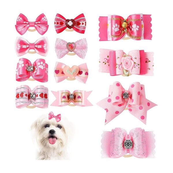 12 Pieces Small Dog Hair Bows with Pink Polyester and Organza Materials