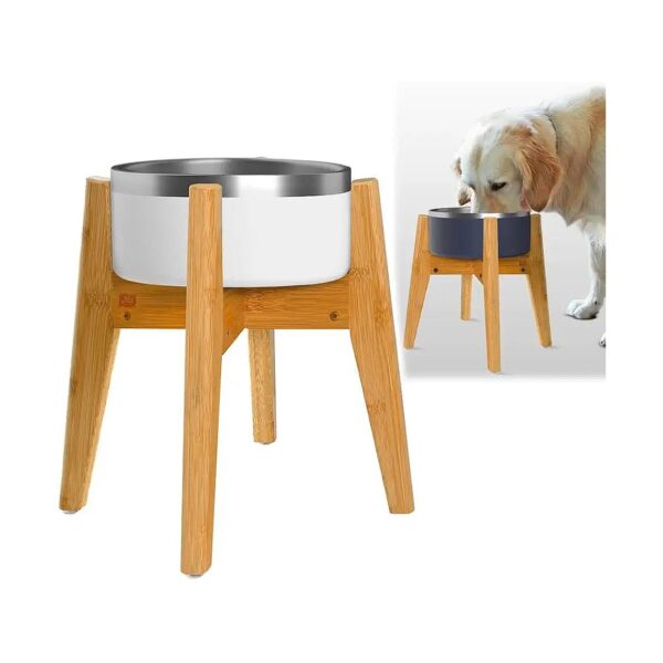 14-Inch Tall Bamboo Dog Food Bowl Stand for Multiple Pets