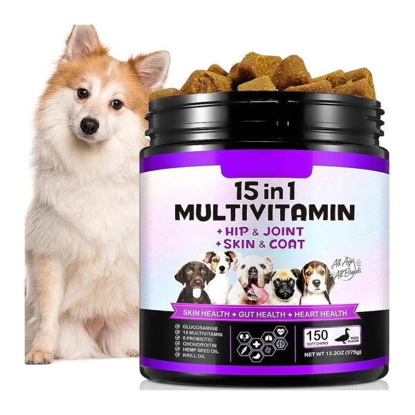 15-in-1 Dog Vitamins Multivitamin Chews With Glucosamine Probiotics For Overall Wellbeing