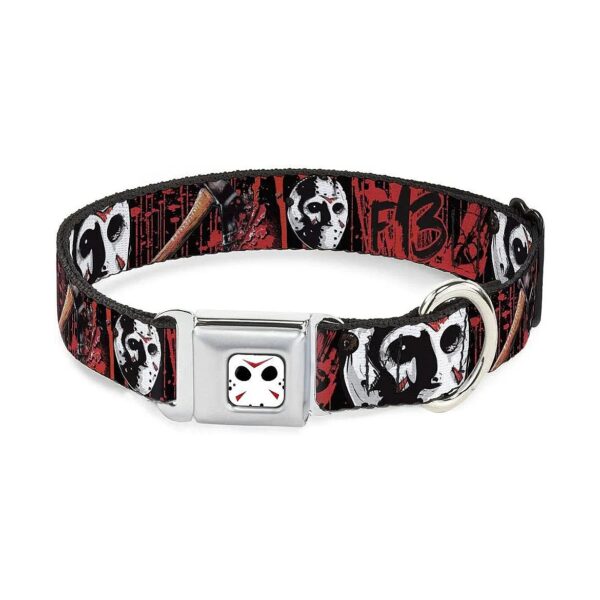 16-23 Inch Adjustable Dog Collar with Vintage Jason Mask4 Axe Blood Splatter Design