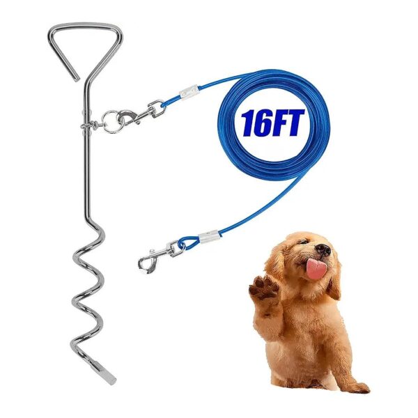 16ft Steel Cable and Reflective Stake for Medium to Large Dogs Up to 125lbs Outdoor Fun