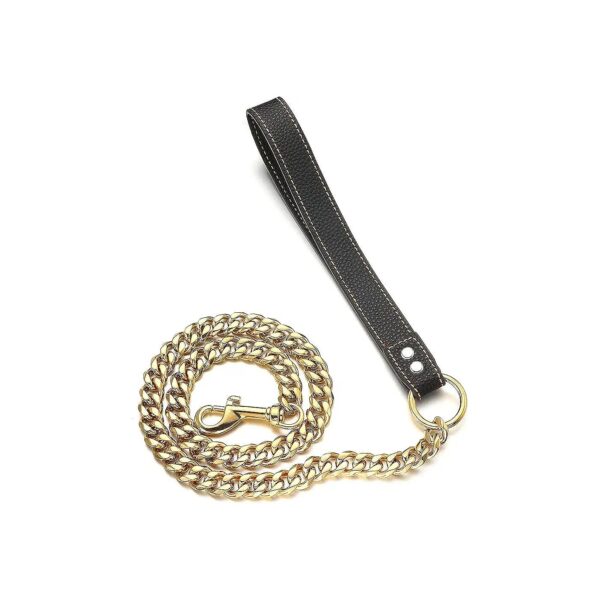 18K Gold Chain Dog Leash with Smooth Leather Handle Cuban Link Stainless Steel