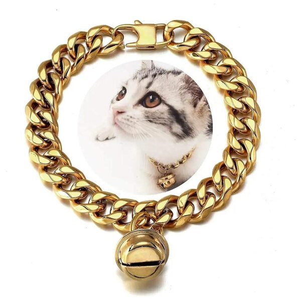 18K Gold Cuban Link Chain Cat Collar with Etched Stainless Steel Chain and Gold Bell