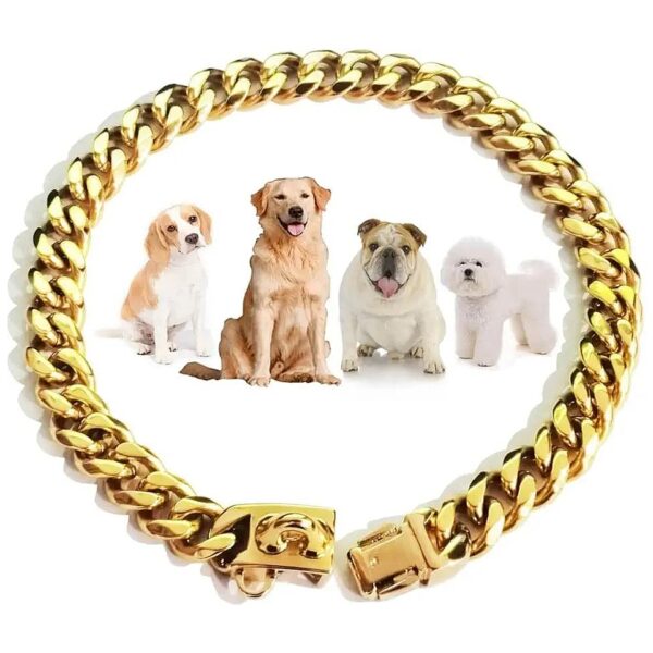 18K Gold Plated Cuban Link Chain Collar for Small to Large Dogs with Safety Buckle Lock