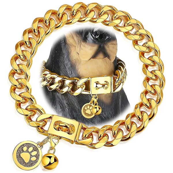 18K Gold Plated Stainless Steel Dog Chain Collar with Snap Buckle and Dog Tag Bell