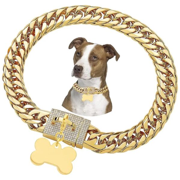 18K Gold Stainless Steel Dog Chain Collar with Diamond Lock for Large Dogs