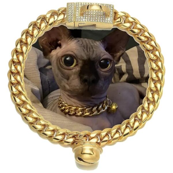 18K Gold Tone Cubic Zirconia Collar with Chew Proof Cuban Link Chain for Kittens