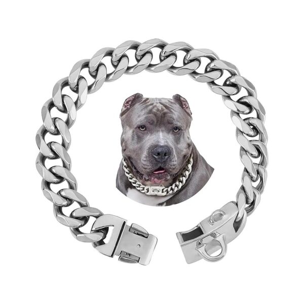 19mm Silver Cuban Link Dog Collar with Secure Snap Buckle for Large Pitbulls