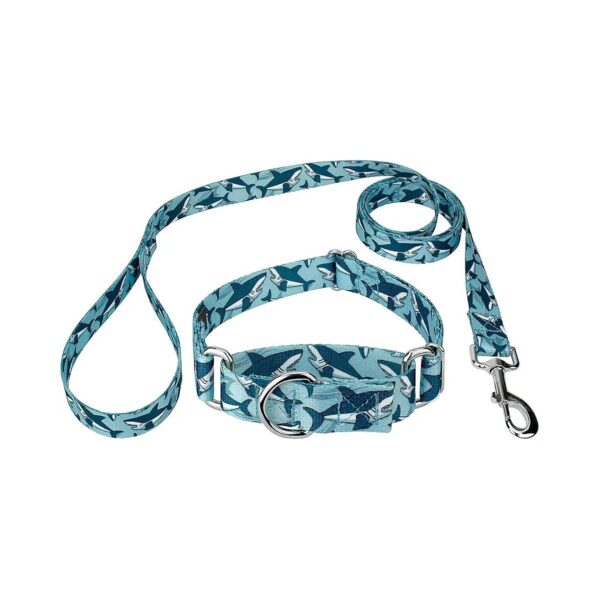 1-Inch Wide Sharks-Themed Martingale Dog Collar and Leash with Nickel Hardware