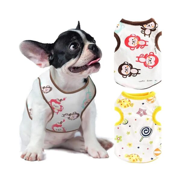 2-Pack Soft Stretchy Cotton Dog Shirts for Small Dogs and Cats with Cute Cartoon Prints