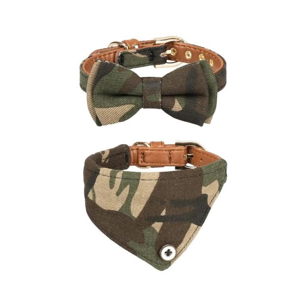 2Pcs Pet Collars for Small Dogs and Cats PU Leather Canvas with Camouflage Green Pattern