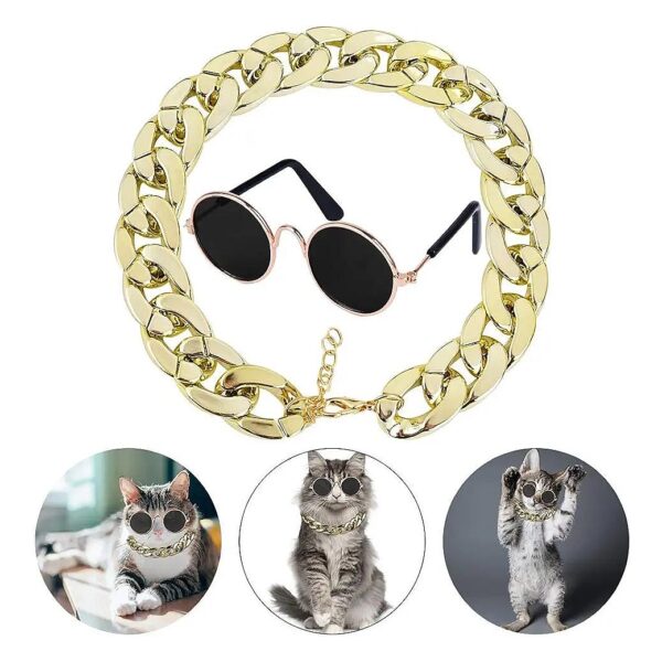 2pcs Pet Sunglasses with Adjustable Gold Chain for Cats and Small Dogs