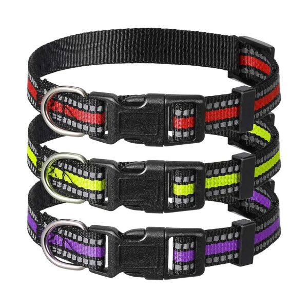 3 Piece Set of Adjustable Reflective Nylon Dog Collars in Multicolors for Medium Dogs