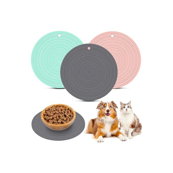 3 Piece Silicone Pet Food Mats for Small and Medium Pets, Pink, Gray, Green