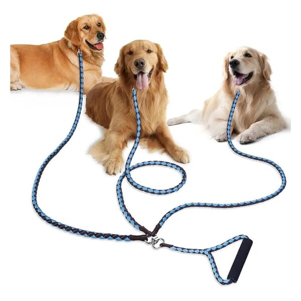 3 Way Family Dog Leash with Heavy Duty Coupler and Rugged Nylon Design for Pets That Pull