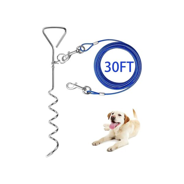 30 Foot Long, Heavy Duty Dog Tie Out Cable and Anti Rust Spiral Stake for Outdoor Use