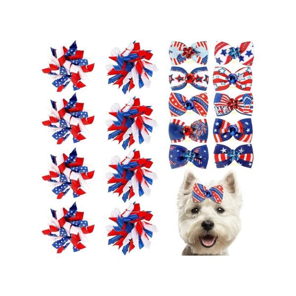 40 Pack 4th of July Dog Hair Bows with American Flag Pattern and Stars