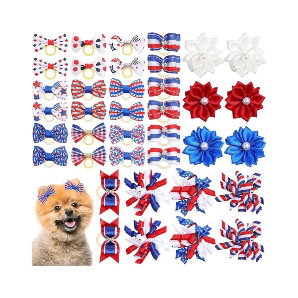 40 Pieces Patriotic Independence Day Dog Hair Bows with Elastic Rubber Band Accessories