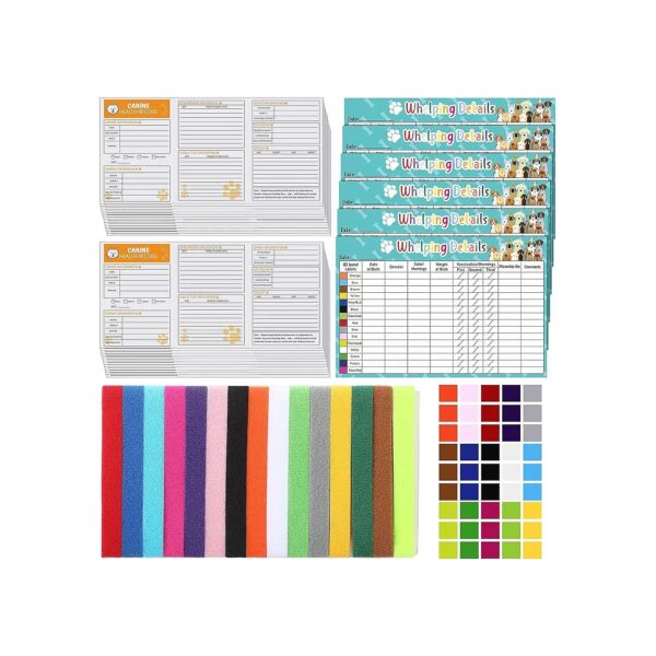 47-Piece Pet Health Record Booklet Kit with Puppy ID Collars for Whelping and Vaccination