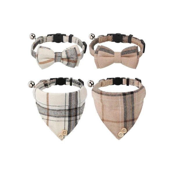 4-Piece Cat Collar Set with Adjustable Neck Girth, Bell, and Bow Tie