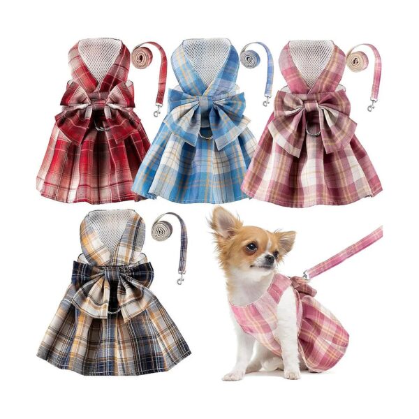 4-Piece Dog Dress and Leash Set in Plaid for Small Female Pets