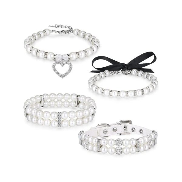 4-Piece Pearl Collar Set for Cats and Small Dogs with Rhinestones and Charm Ornaments