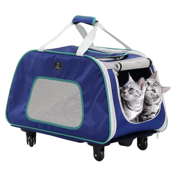 4-Wheel Dog Carrier with Mesh Ventilation Windows and Safety Rope, Navy Blue