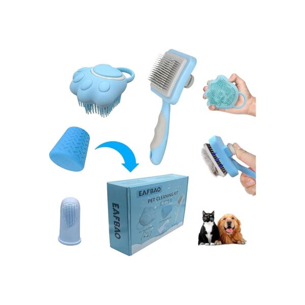 4-in-1 Pet Brush Kit with Self-Cleaning Slicker Brush and Finger Toothbrush