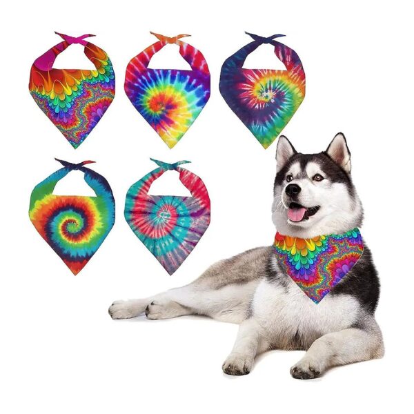 5 PCS Set of Tie-Dye Washable Dog Scarves with Unique Spiral Rainbow Pattern