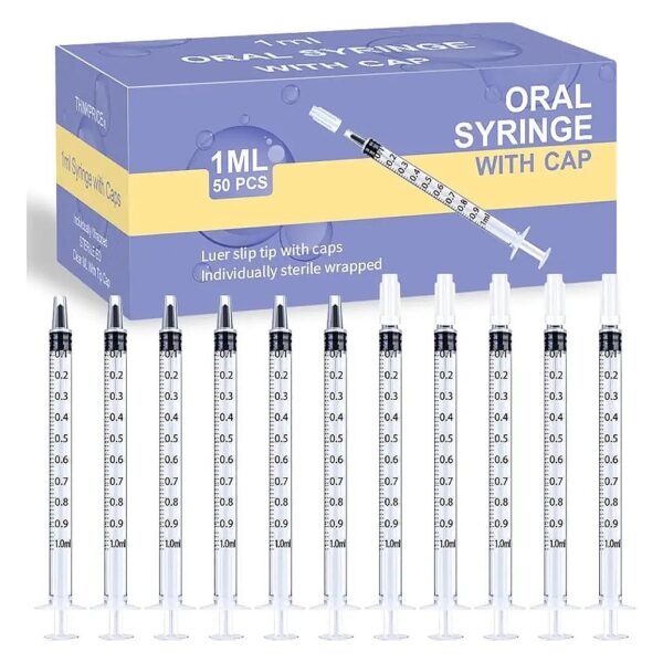 50-Pack of 1ml Syringes with Caps for Individual Medication Doses and Pet Care