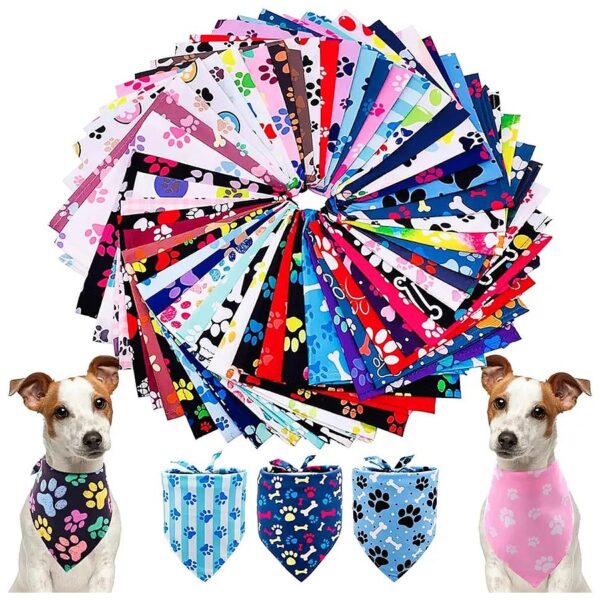 50-Piece Paw Pattern Dog Bandanas for Small Medium Pets Washable Triangle Bibs