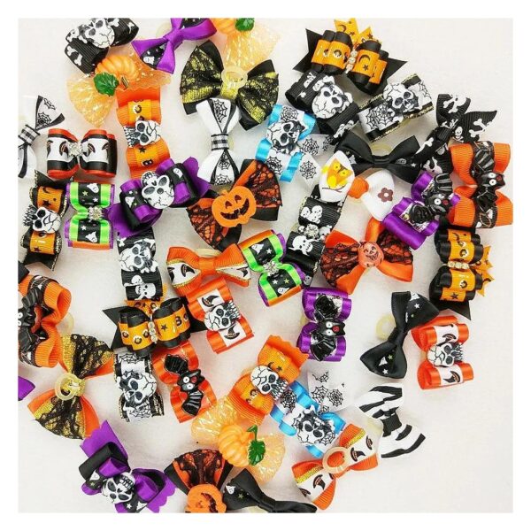 50pcs Halloween Hair Bow Accessories for Pets with Rhinestones and Elastic