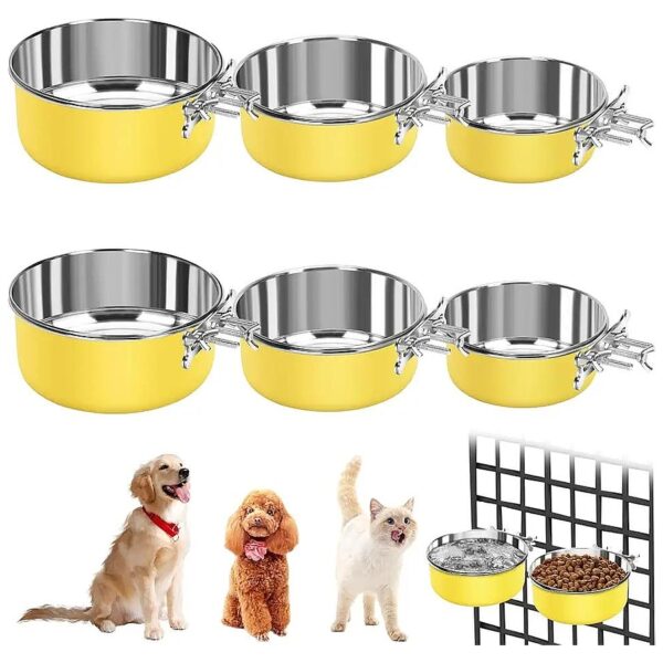 6 Pack Yellow Kennel Bowls Stainless Steel Crate Food and Water Bowls Adjustable Sizes