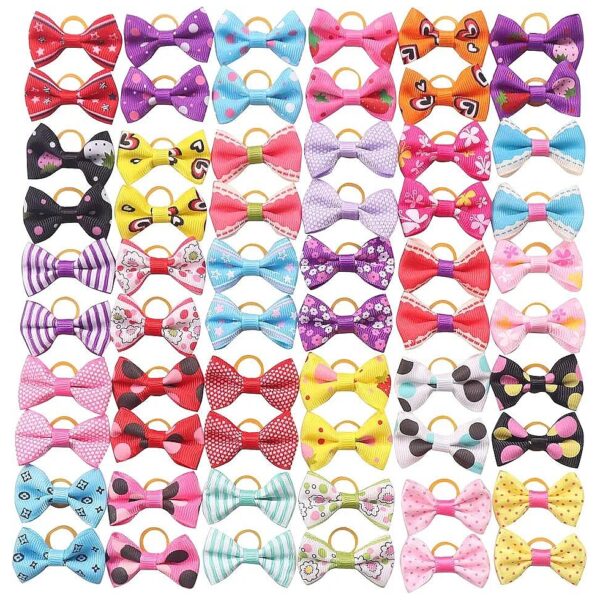 60 Pcs Pet Grooming Products Cute Small Bowknot Hair Bows with Rubber Bands