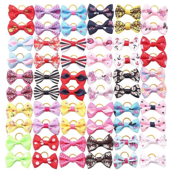 60 Pcs of Small Dog Hair Bows with Rubber Bands and Cute Designs