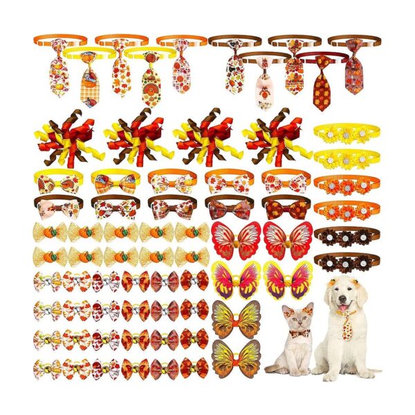 70 PCS Fall Thanksgiving Dog Bow Ties Pet Cat Collars Grooming Accessories