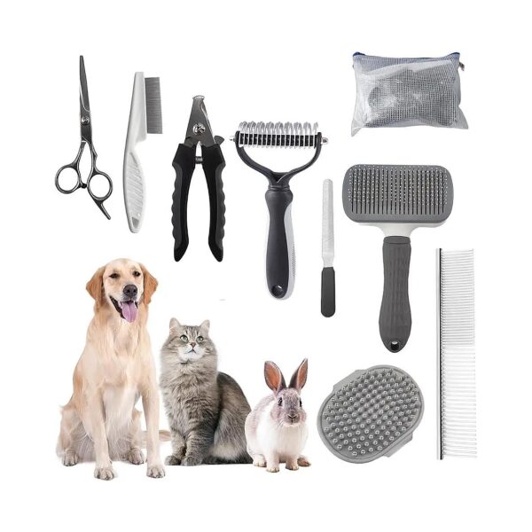 9-Grey Dog and Cat Grooming Brush Set for Small and Large Pets