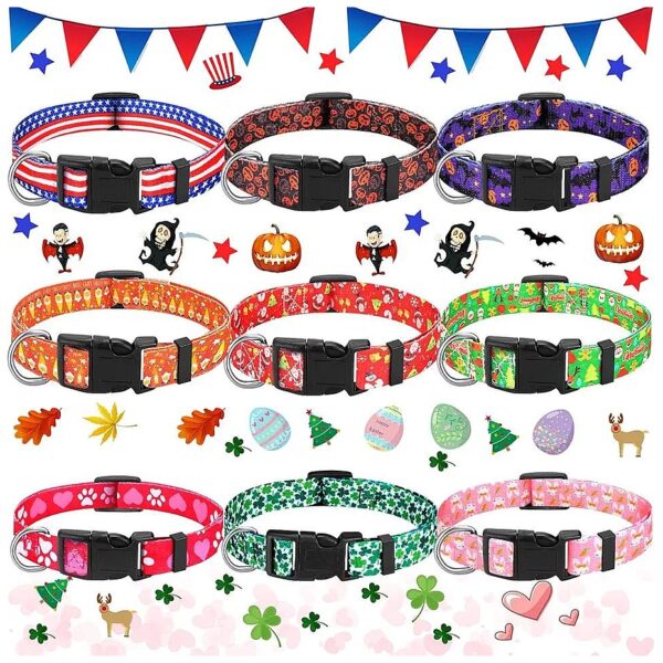 9-Piece Set of Adjustable Small Dog Collars with Variety of Holiday Themes