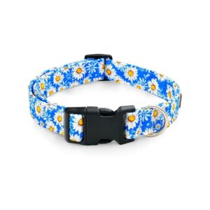 Adjustable Blue Daisy Cotton Dog Collar with Durable Plastic Buckle for All Dog Sizes