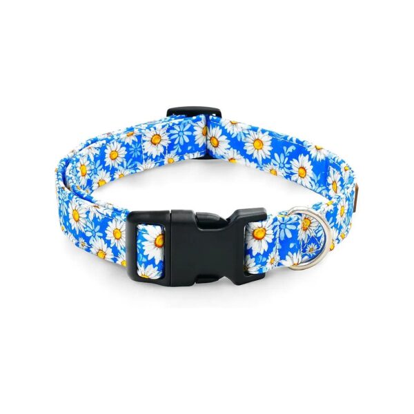 Adjustable Blue Daisy Cotton Dog Collar with Durable Plastic Buckle for All Dog Sizes