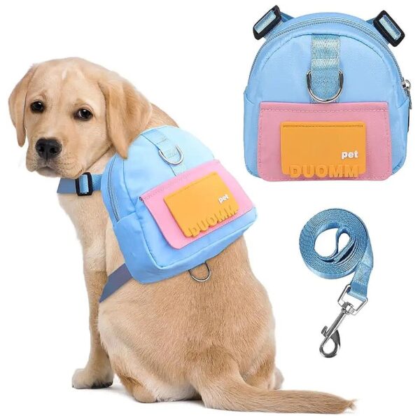 Adjustable Blue Dog Backpack Harness with Leash and Storage Bag for Small Medium Dogs