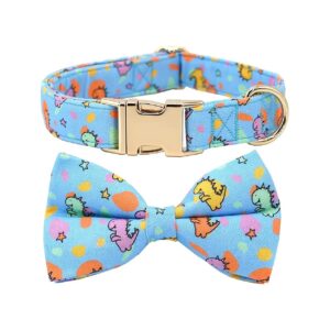 Adjustable Cotton Blue Dinosaur Dog Collar with Metal Buckle and Removable Elastic Bow