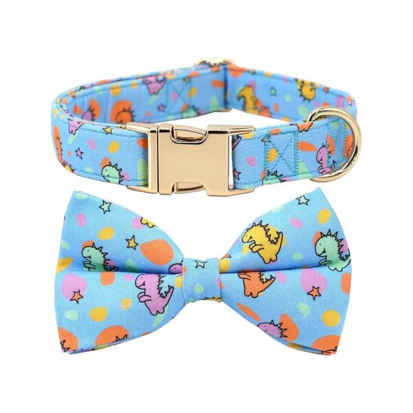 Adjustable Cotton Blue Dinosaur Dog Collar with Metal Buckle and Removable Elastic Bow