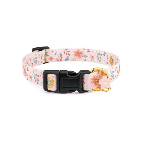 Adjustable Cotton Dog Collar with White Floral Pattern and Pendant for Medium Size Dogs