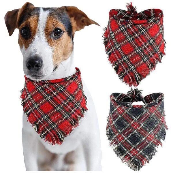 Adjustable Dog Bandanas for Christmas 2 Pack Red Green Plaid Triangle Bibs