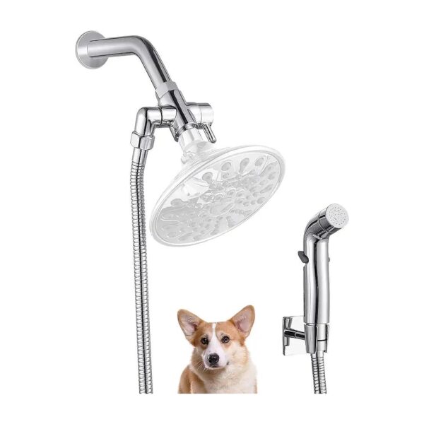 Adjustable Dog Shower Sprayer Attachment 8 ft Hose Chrome Metal Pet Shower Kit