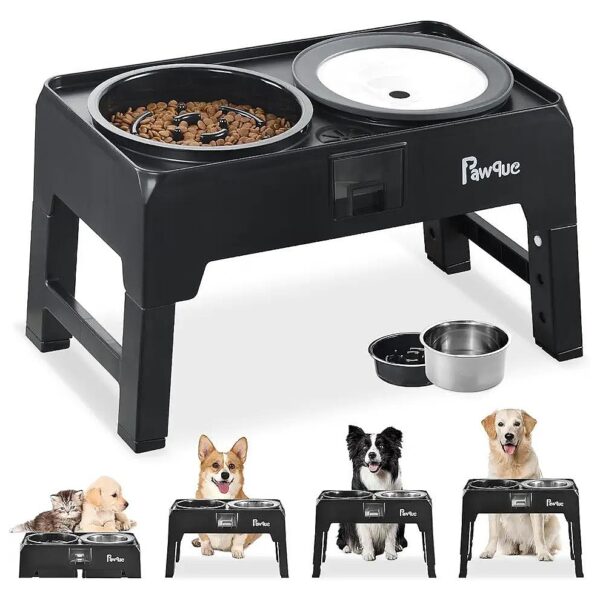 Adjustable Elevated Dog Food Bowl Stand with Stainless Steel Water Bowl and Slow Feeder